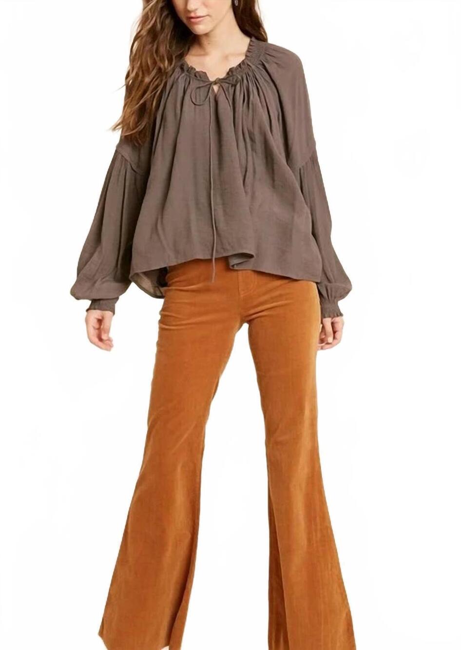 NEW KORI midnight hour boho tie neck top in brownish eggplant